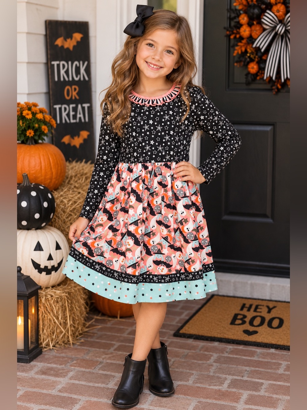 Matilda Jane Black, Coral & Mint Halloween Print Long Sleeve Dress